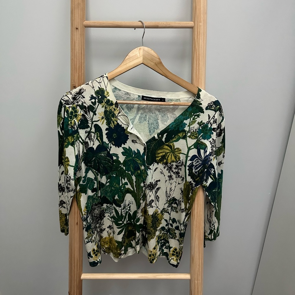 Sportscraft Cardigan Size M 12 Cotton Silk Blend Knit Green Cream Fern Floral - Picture 2 of 4